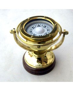 Solid Brass Gimball Compass on wood base